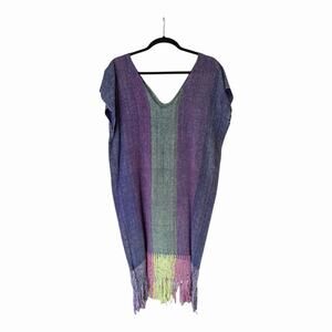 Handwoven Boho Striped Tunic Kaftan Fringe Hem Artisan Dress Purple Burgundy Grn